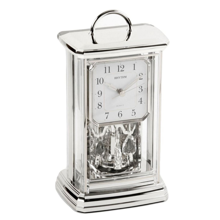 Homewares Rhythm | Rhythm Silver Effect Swarovski Crystals Pendulum Oblong Case Mantel Clock